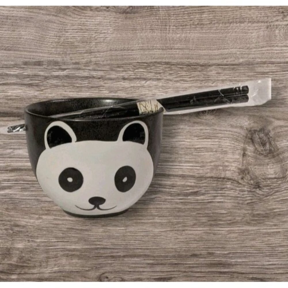 Panda Ramen Noodle Bowl Chopsticks Holder Ceramic Giant Bear Black Soup Cute Set
